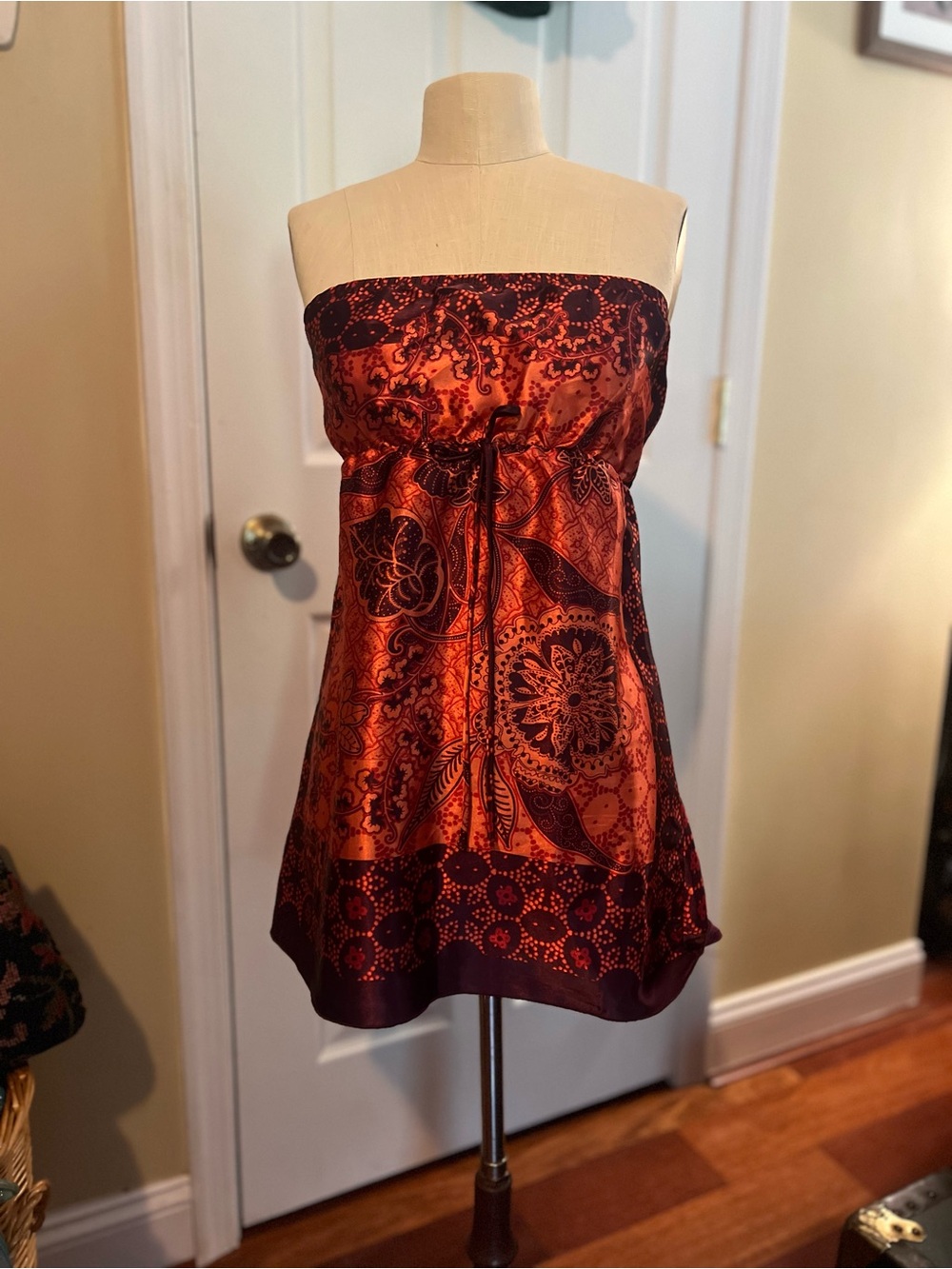 Charlotte Russe Strapless Burnt Orange and Deep Maroon Paisley Mini Dress